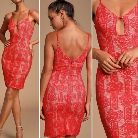 Lulus Avianna Red & Nude Lace Bodycon mini Dress, Size XS Cocktail sleeveless - Picture 4 of 16